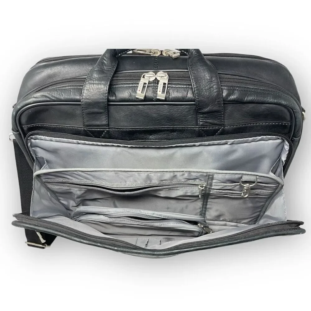 Solo New York Walker Black Leather Briefcase Rolling Travel Luggage Carry On Bag